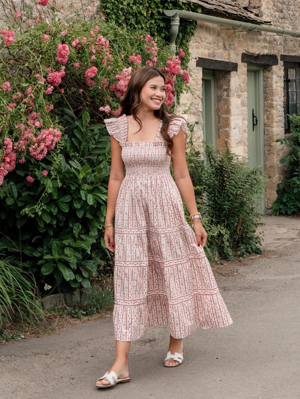Hill House Ellie Nap Tiered Midi Dress in Pink Emma Stripe Size Medium